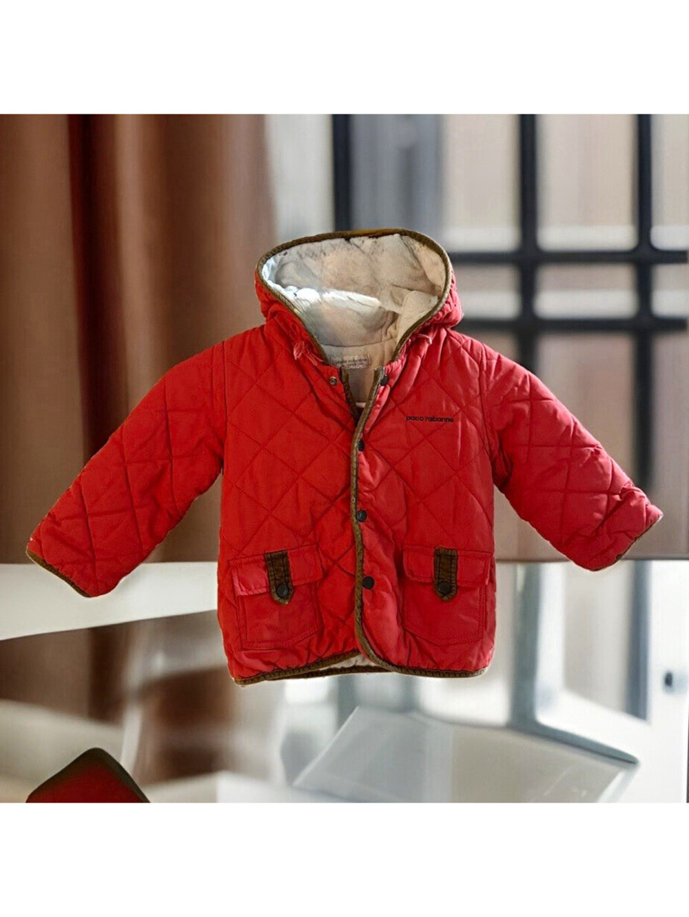 Vintage Paco Rabanne Paris Kids 3T Red Quilted Hooded Jacket Korea Size 100